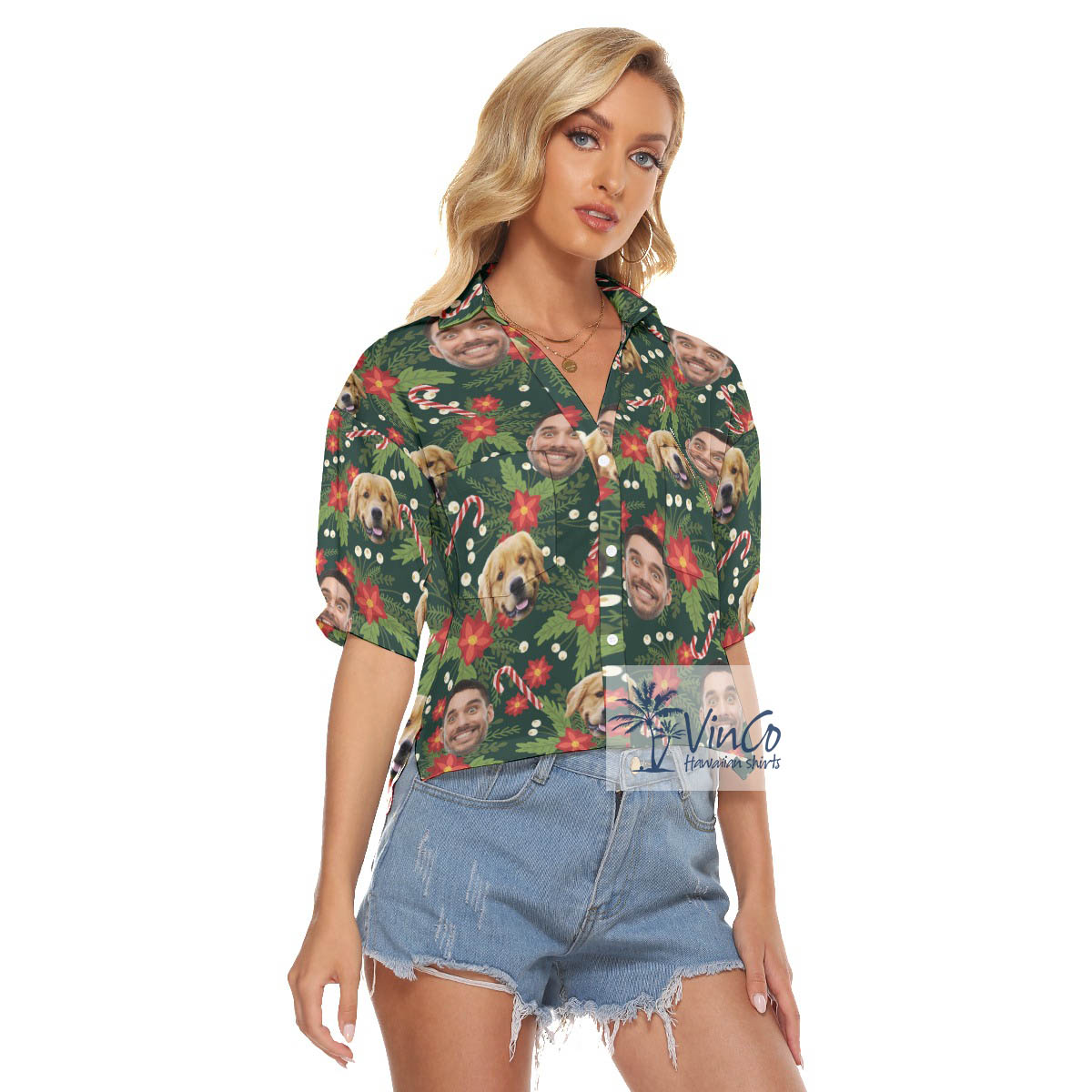 Custom Christmas Hawaiian Crop Top Shirt With Multiple Faces