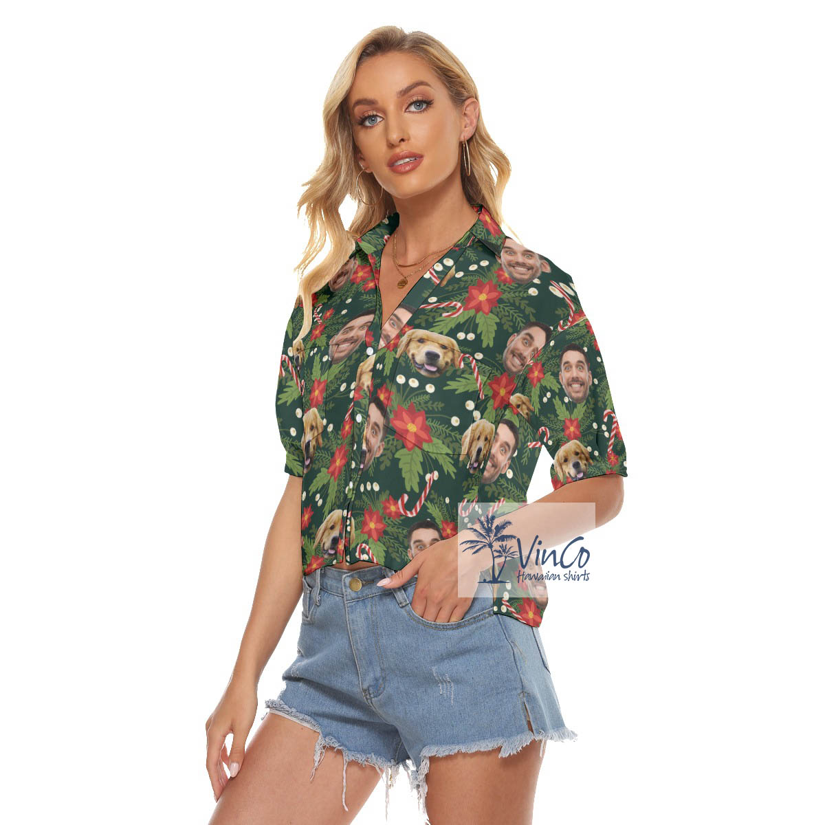 Custom Christmas Hawaiian Crop Top Shirt With Multiple Faces