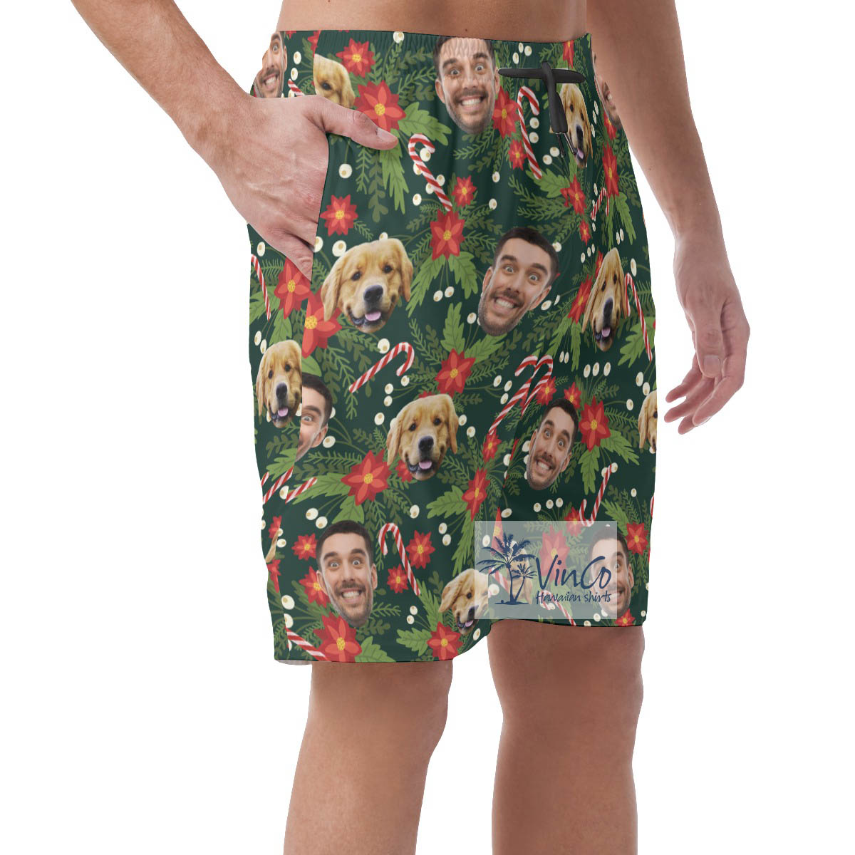 Custom Multiples Faces Christmas Green Hawaiian Beach Shorts For Men