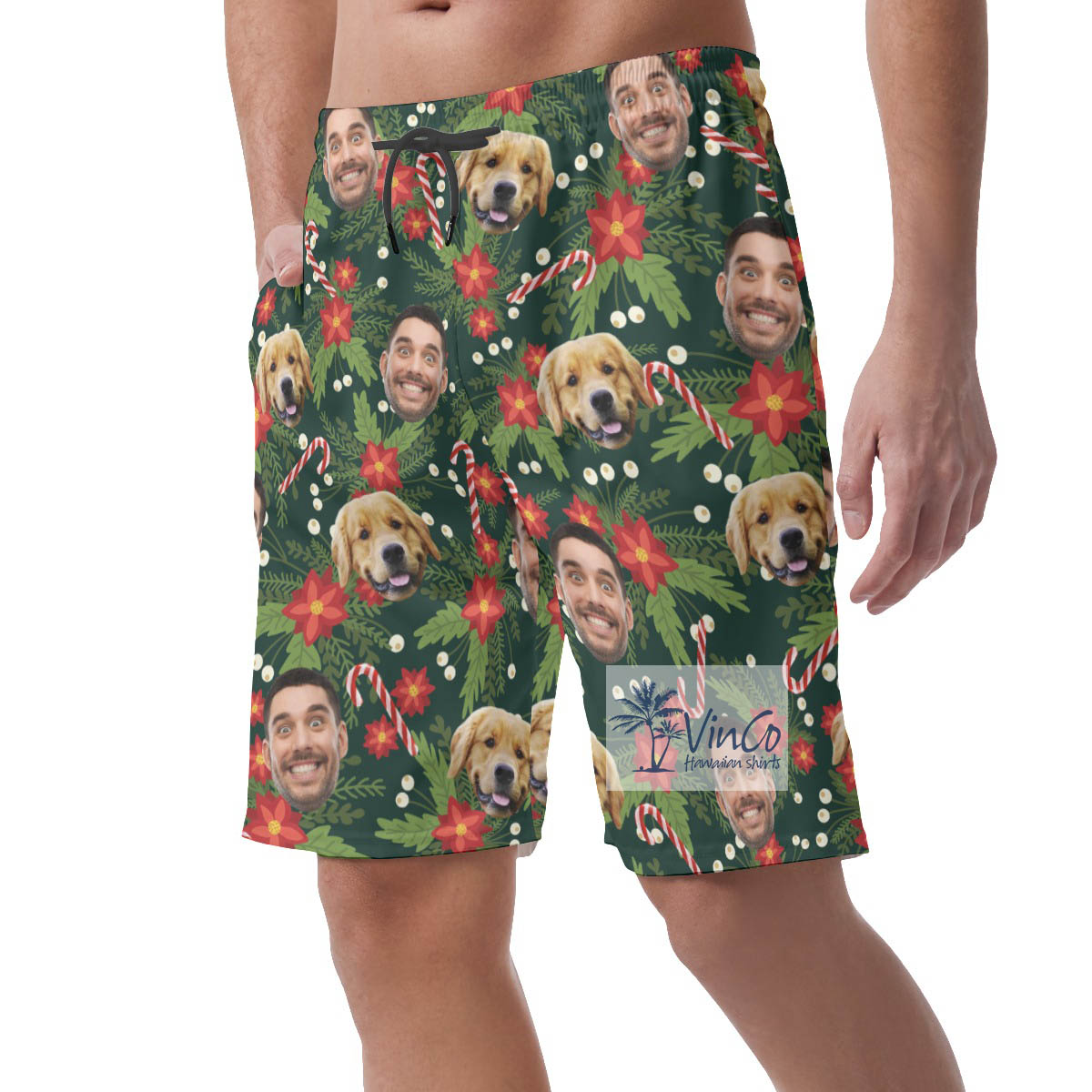 Custom Multiples Faces Christmas Green Hawaiian Beach Shorts For Men