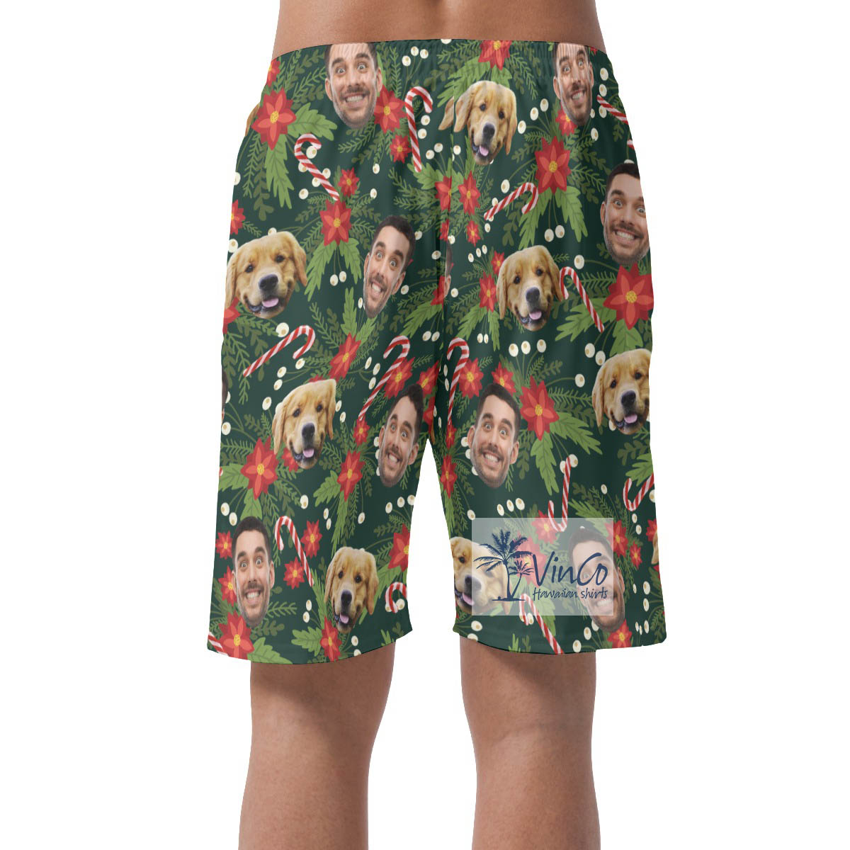 Custom Multiples Faces Christmas Green Hawaiian Beach Shorts For Men