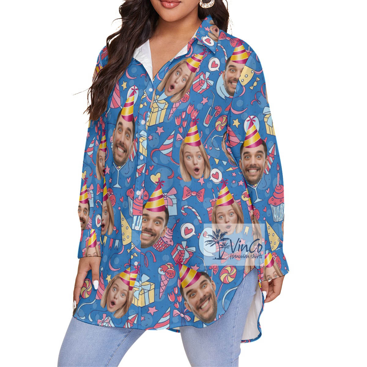 Customize Photo Faces Plus Size Hawaiian Shirt For Women