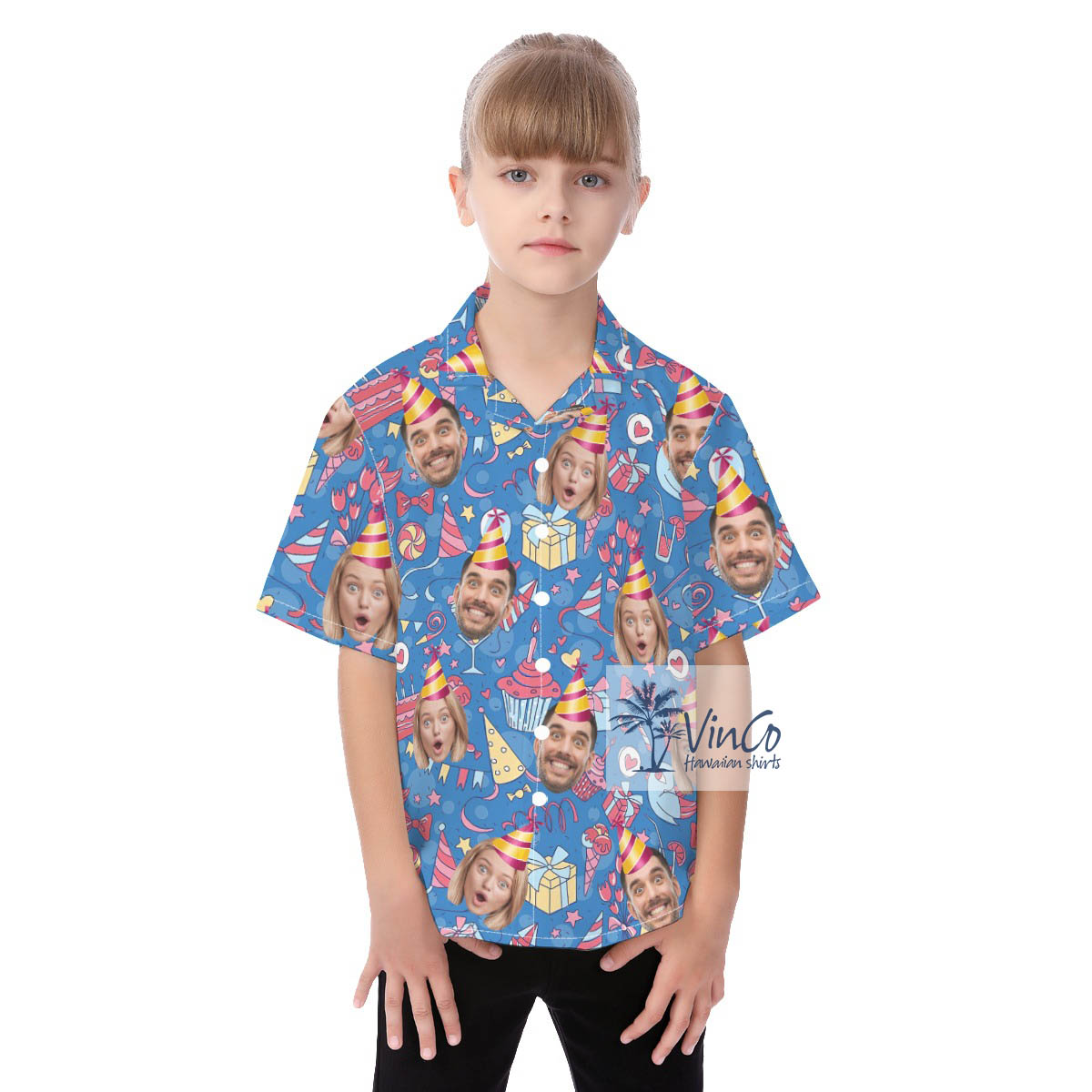 Custom 2 Faces Birthday Hawaiian Button Shirt For Kids - variant image 1