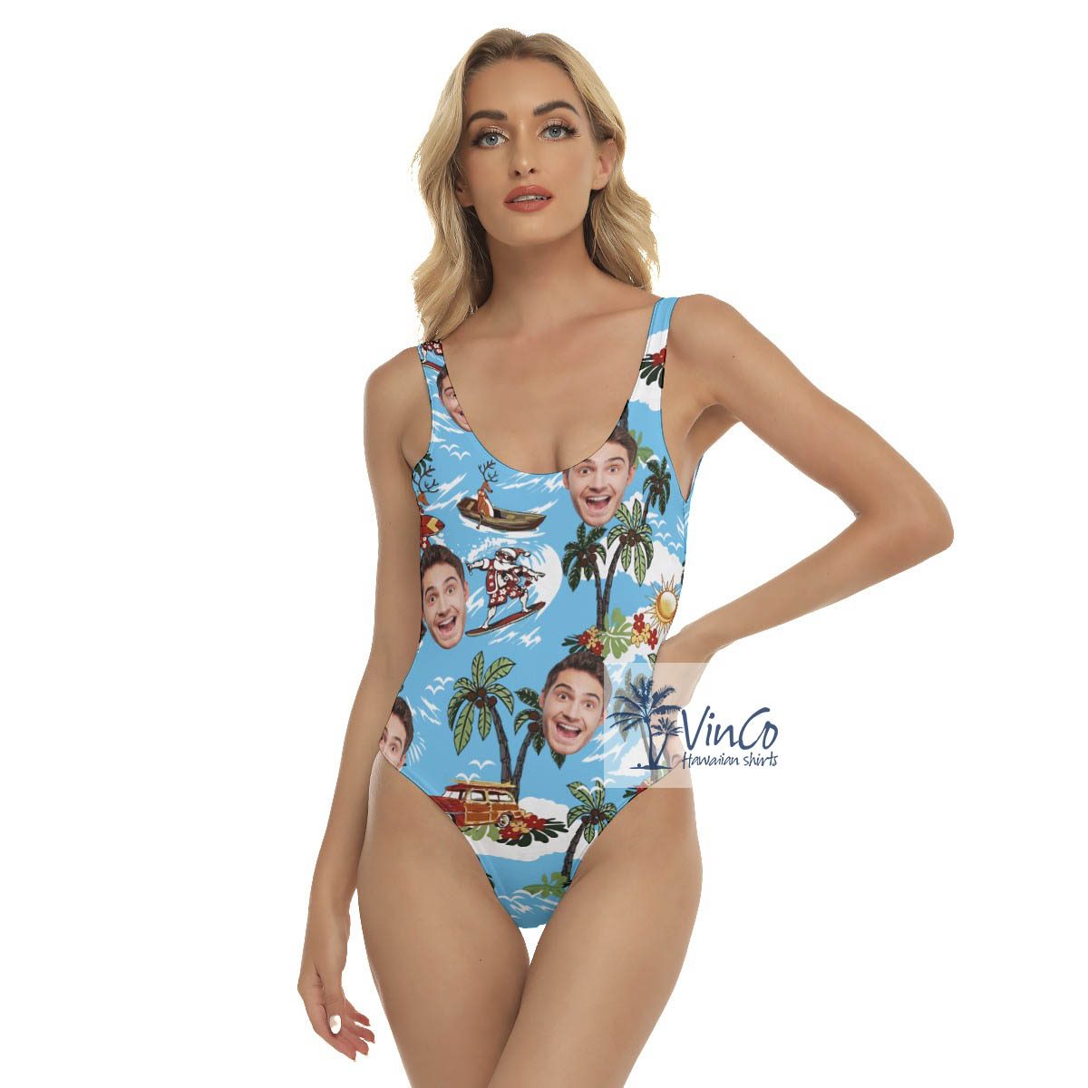 Tropical Reindeer Surfing Custom Face Hawaiian Swimsuit For Women - variant image 1