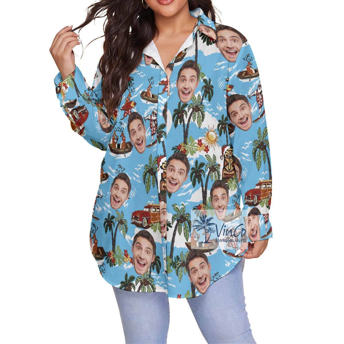 Custom Face Christmas Reindeer Surfing Tropical Hawaiian Plus Size Shirt For Women - variant image 1