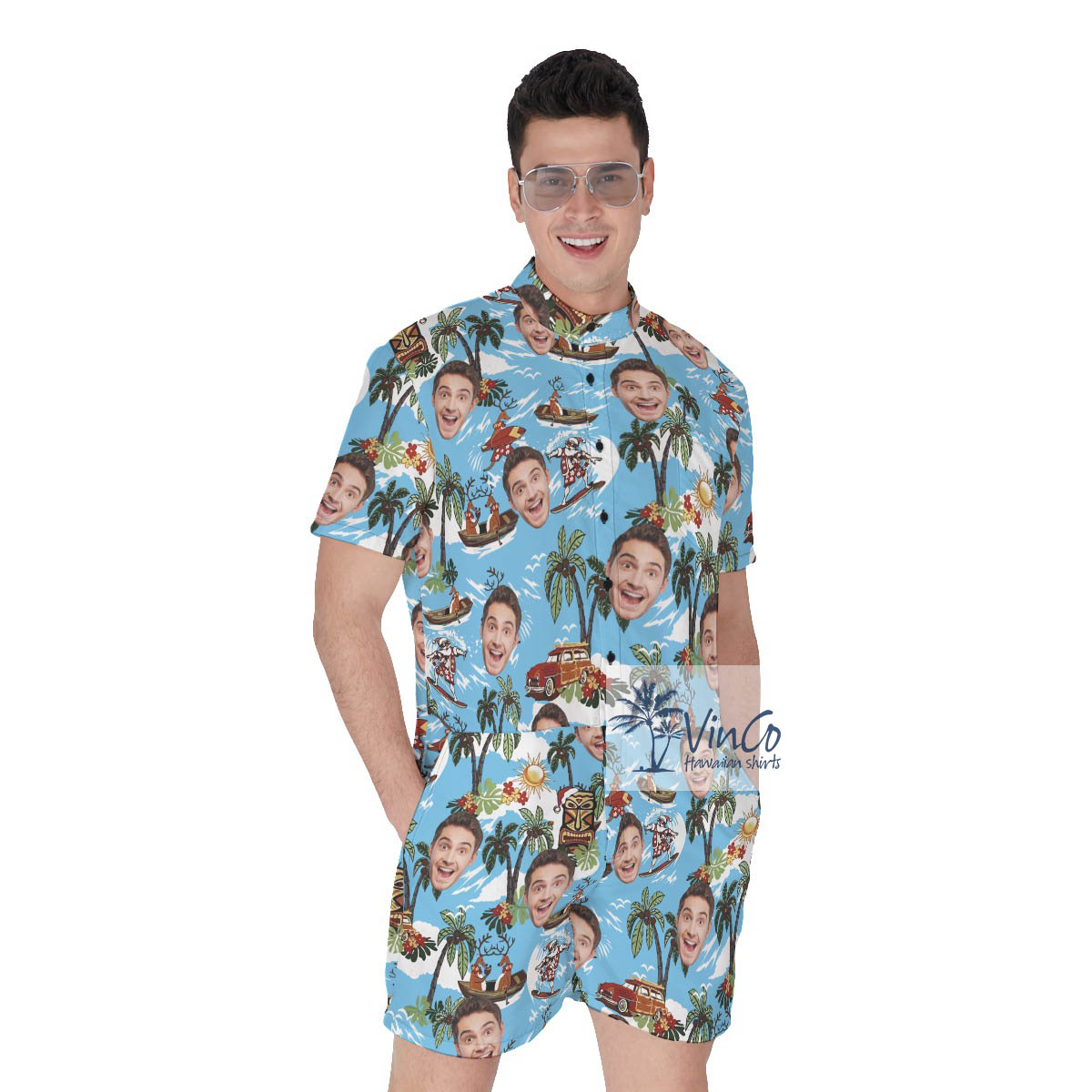 Custom Face Tropical Reindeer Christmas Hawaiian Romper For Men - variant image 1