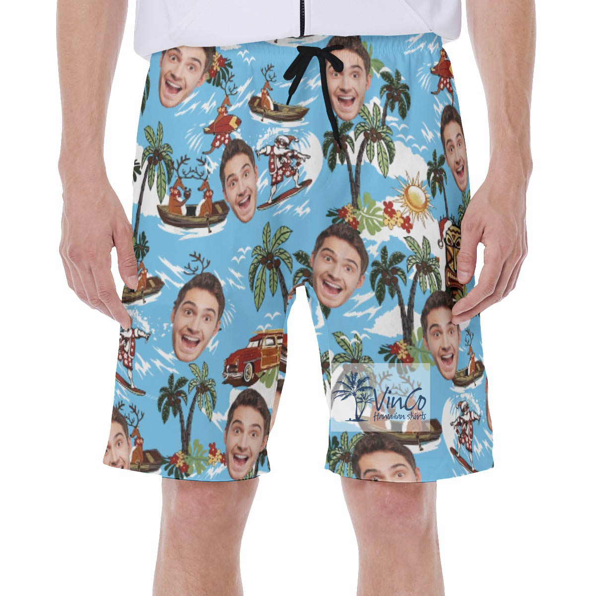 Christmas Reindeer Surfing Tropical Hawaiian Swim Trunks With Custom Face - variant image 1