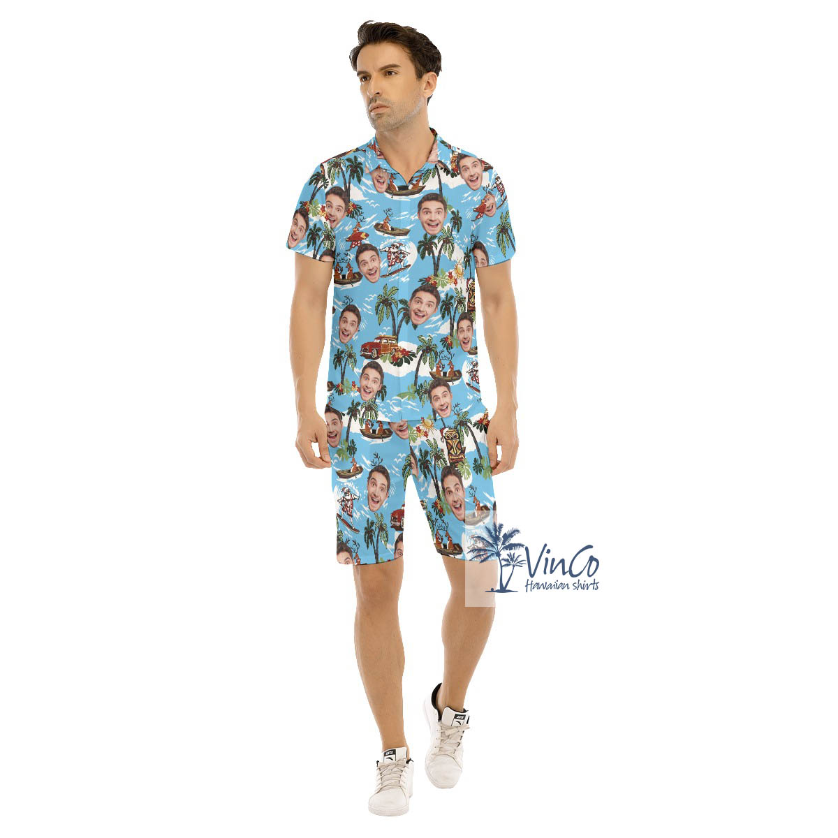 Christmas Reindeer Surfing Tropical Hawaiian Shirt And Shorts With Custom Face - variant image 1