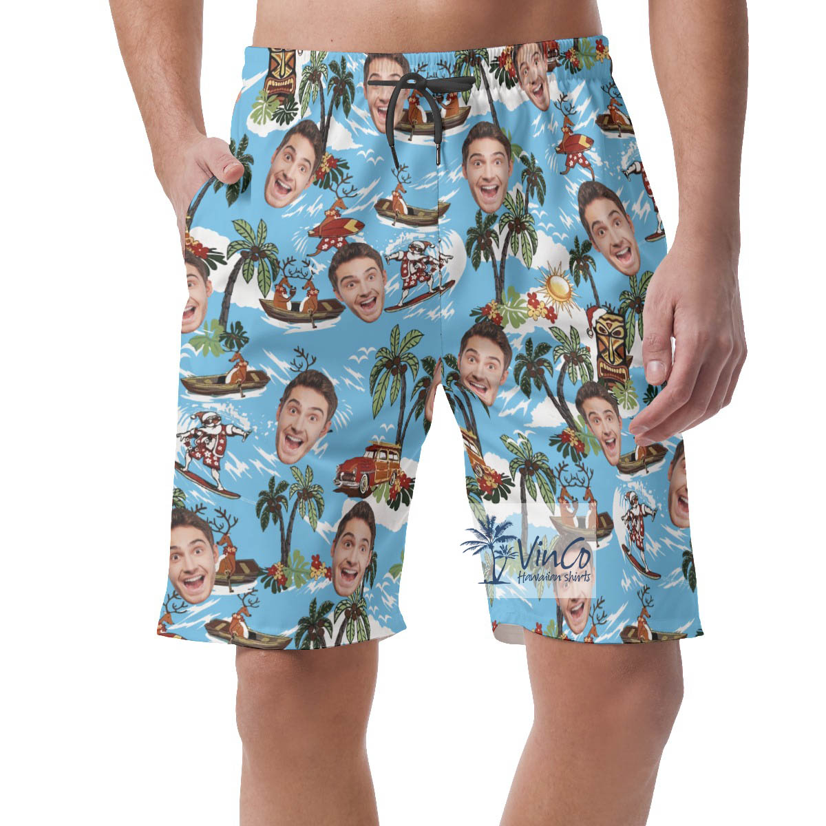 Christmas Reindeer Tropical Custom Face Hawaiian Beach Shorts For Men - variant image 1