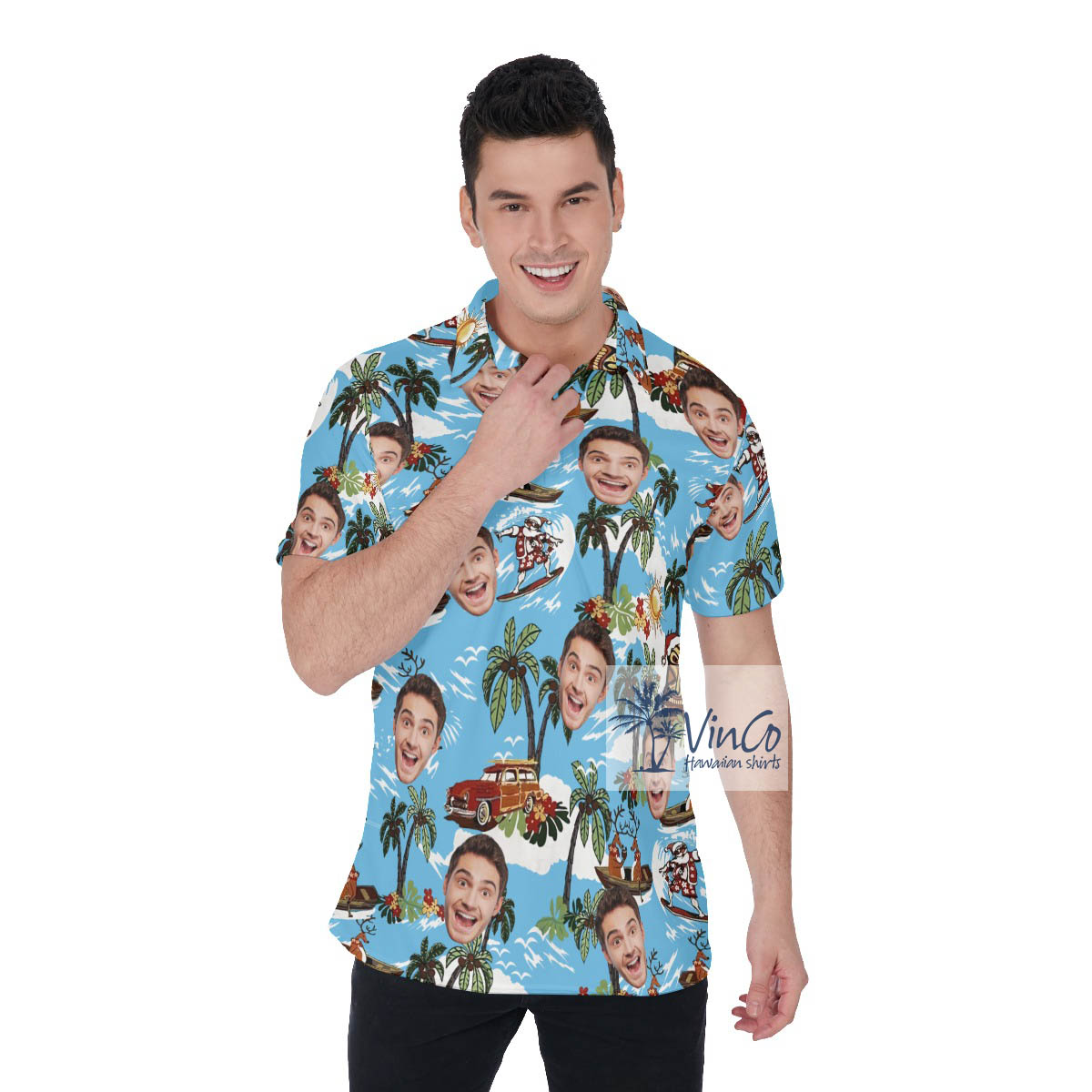 Custom Face Tropical Reindeer Surfing Hawaiian Polo Shirt For Men - variant image 1