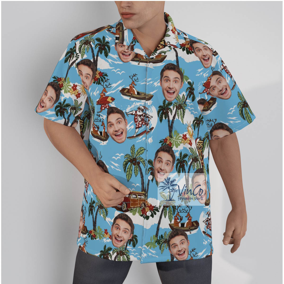 Christmas Reindeer Surfing Tropical Hawaiian Shirt With Custom Face - variant image 1