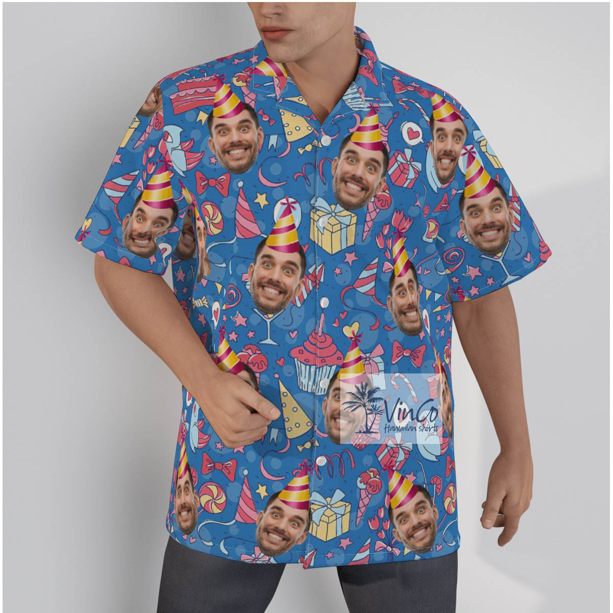 Personalize Photo Face Happy Birthday Blue Hawaiian Shirt For Men - variant image 1