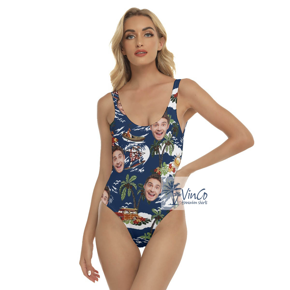 Funny Christmas Reindeer Custom Face Hawaiian Swimsuit For Women - variant image 1