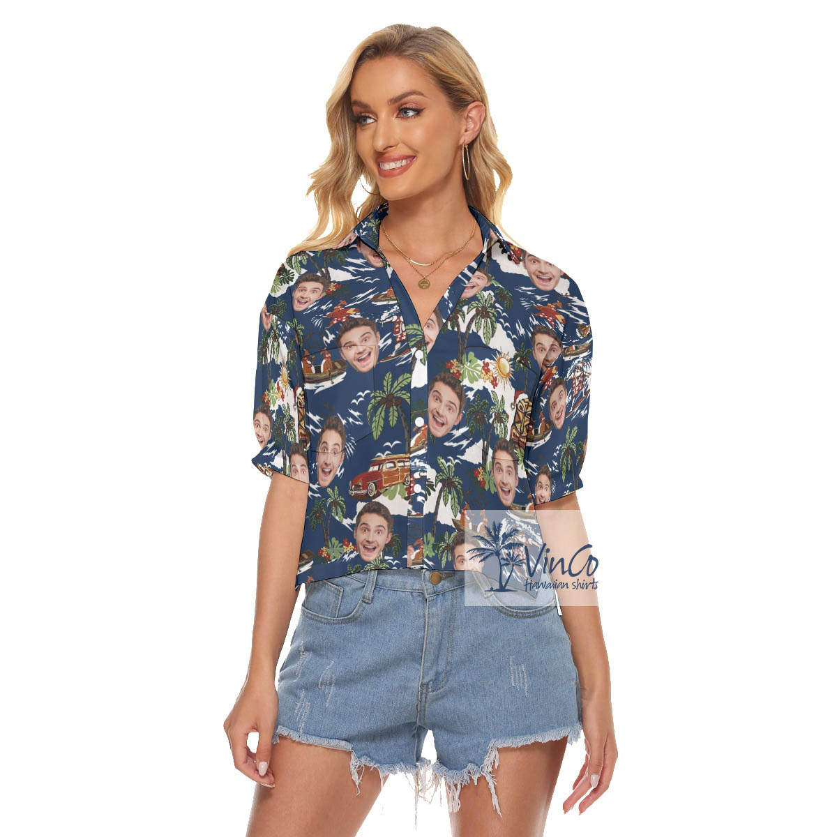 Custom Face Tropical Reindeer Christmas Aloha Cropped Shirt - variant image 1
