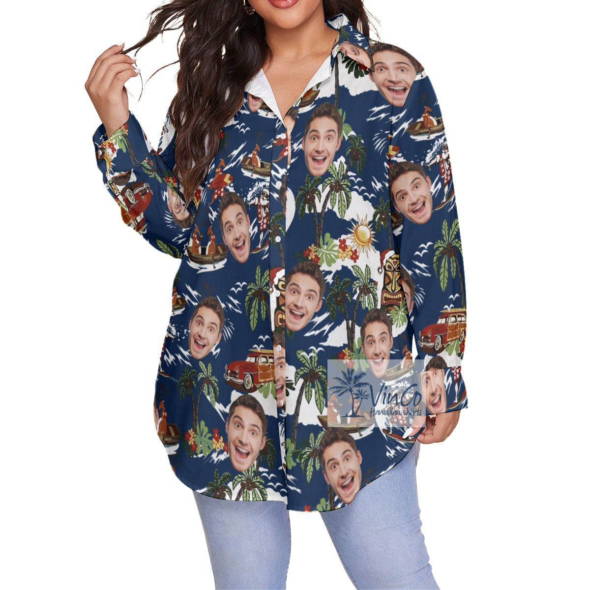 Christmas Reindeer Tropical Plus Size Aloha Shirt With Custom Face - variant image 1