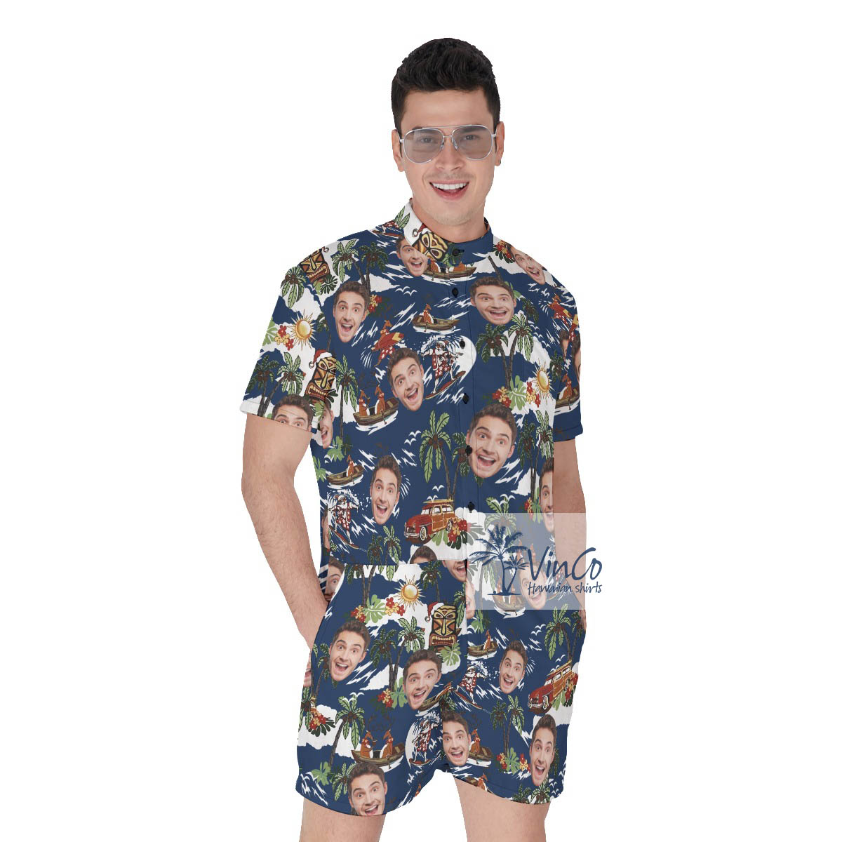 Christmas Reindeer Surfing Tropical Hawaiian Romper With Custom Face - variant image 1