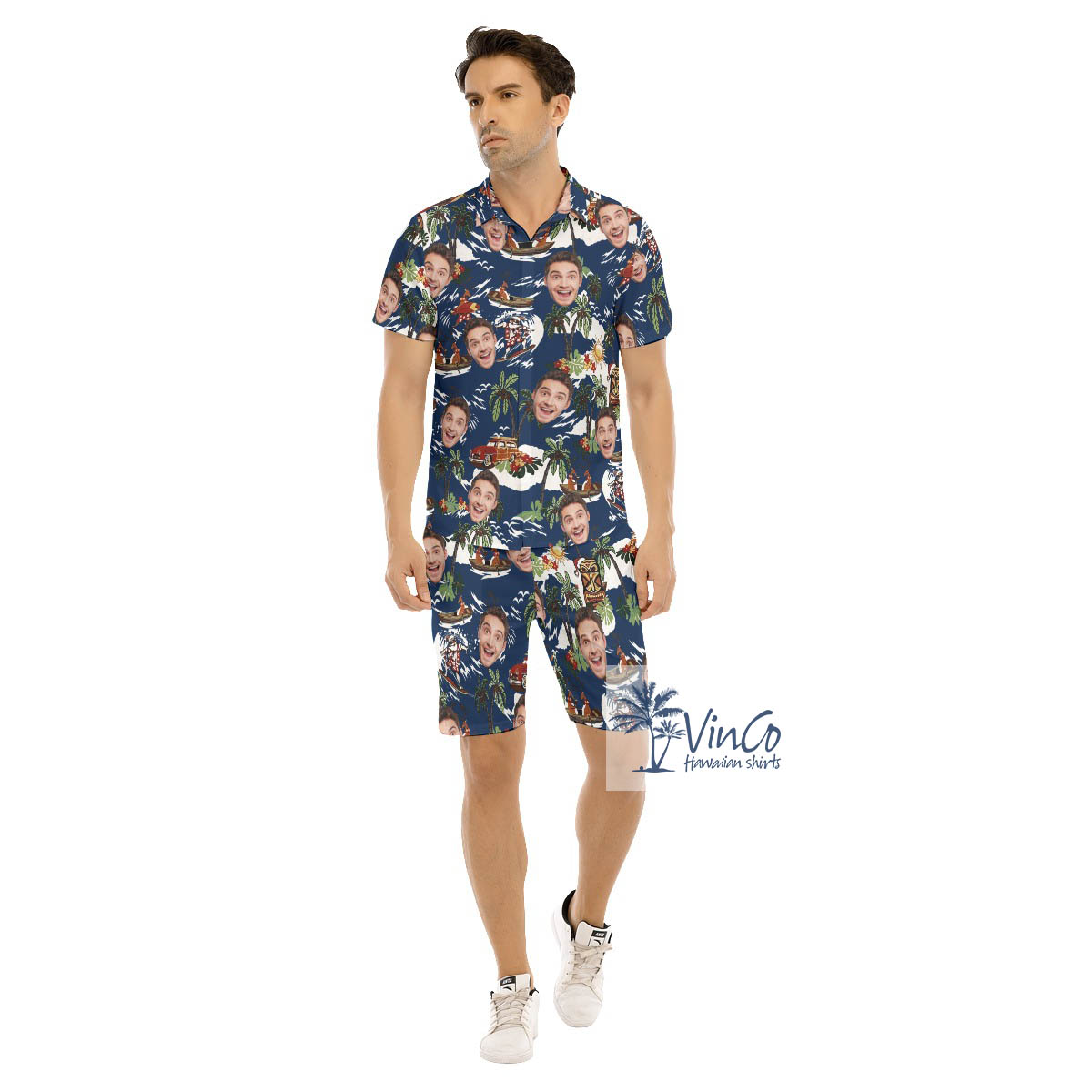 Funny Custom Face Christmas Reindeer Tropical Navy Hawaiian Shirt And Shorts For Men - variant image 1