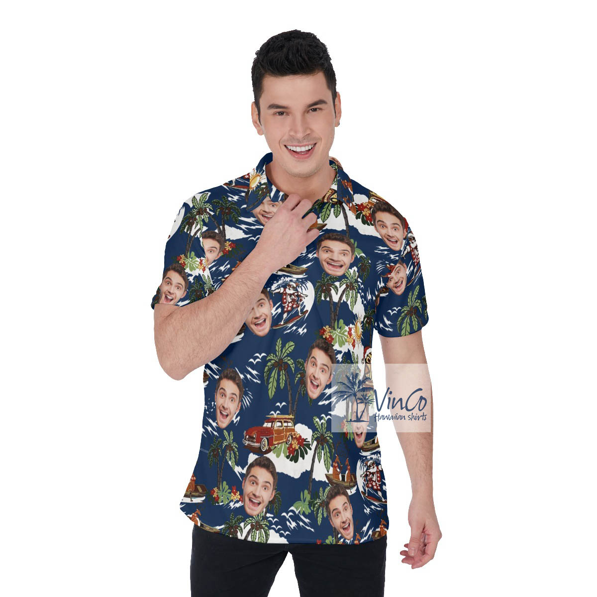 Funny Reindeer Tropical Custom Face Hawaiian Polo Shirt - variant image 1