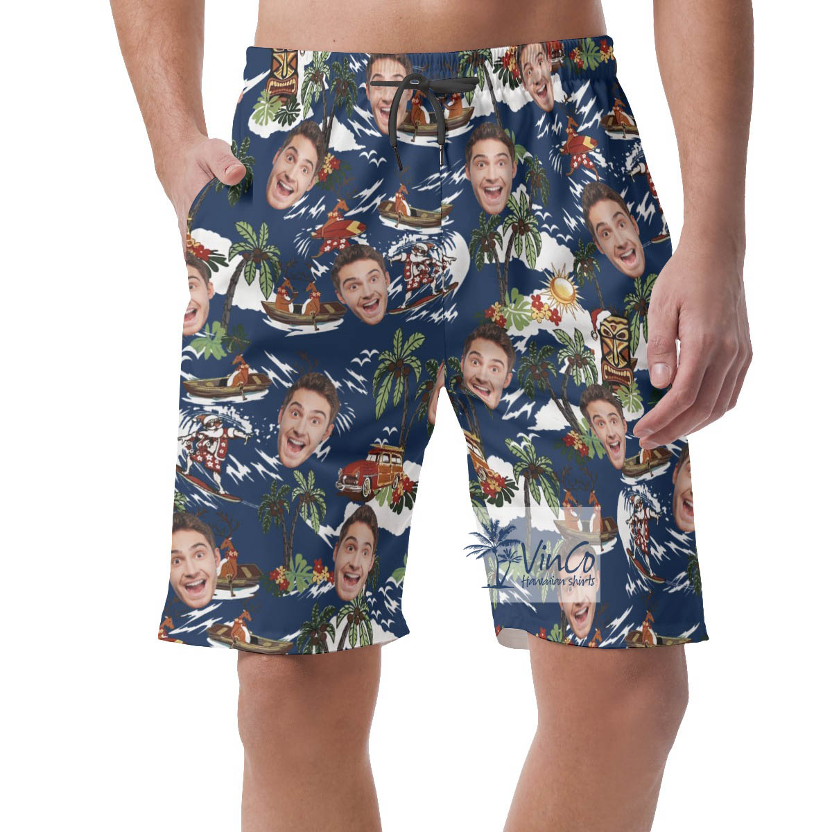 Funny Christmas Reindeer Custom Face Tropical Hawaiian Beach Shorts For Men - variant image 1