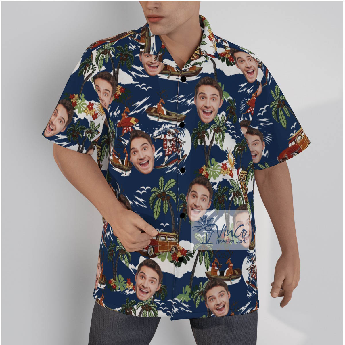 Tropical Reindeer Surfing Custom Face Hawaiian Shirt - variant image 1