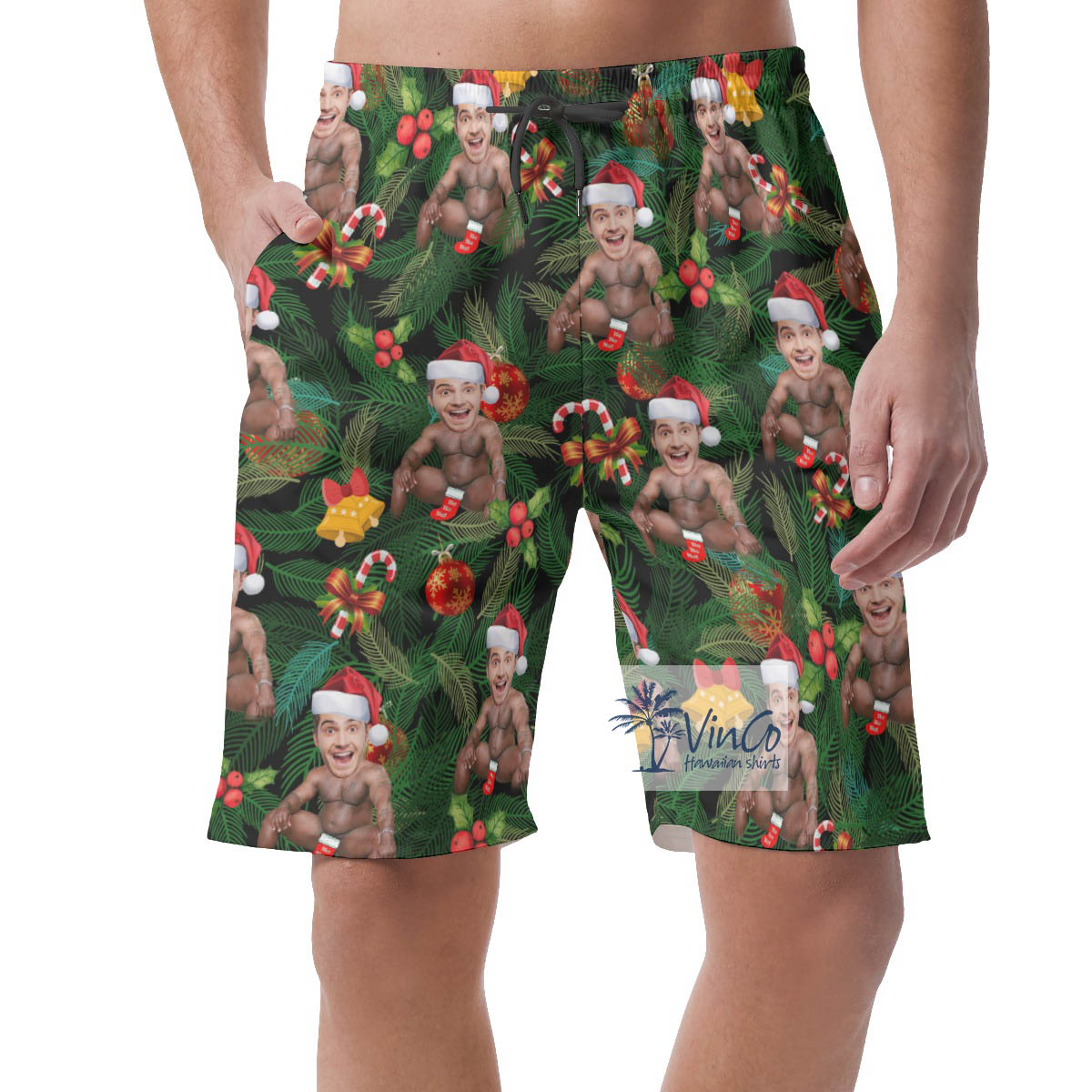 Custom Face Barry Wood Christmas Hawaiian Beach Shorts For Men - variant image 1