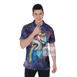 Funny Cowboy Cat Riding Shark Hawaiian Polo Shirt