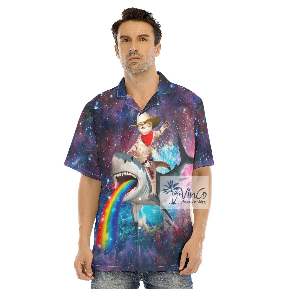 Cowboy Cat Riding Shark Funny Hawaiian Shirt - variant image 1