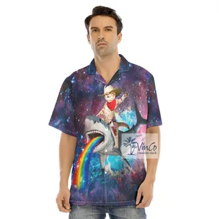 Cowboy Cat Riding Shark Funny Hawaiian Shirt