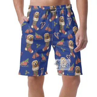 Funny Custom Dog Face On Socks Christmas Hawaiian Beach Shorts For Men