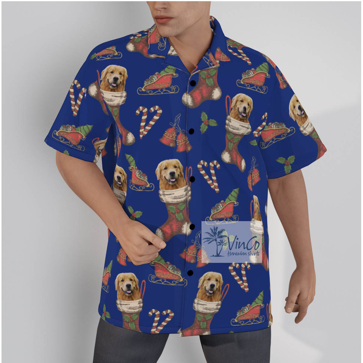 Custom Dog Face With Christmas Socks Hawaiian Shirt - variant image 1