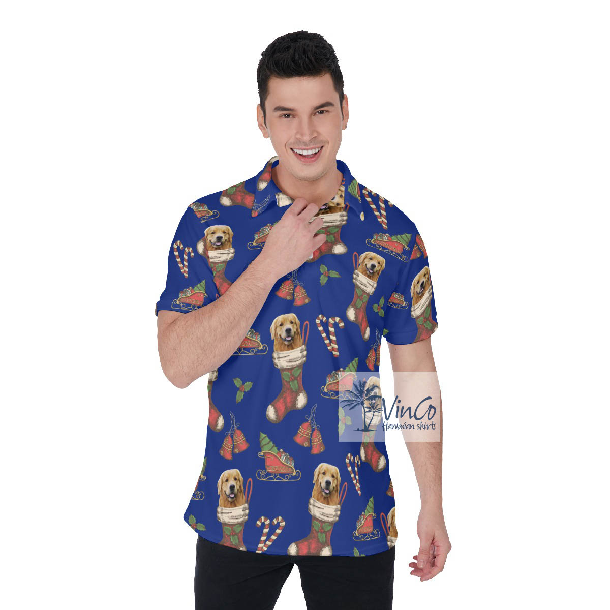 Funny Custom Dog Face With Christmas Socks Hawaiian Polo Shirt - variant image 1