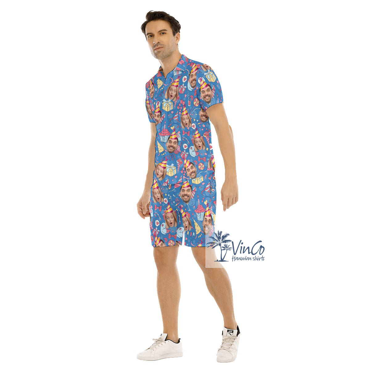Personalized Multiple Faces Birthday Button Shirt And Shorts For Men