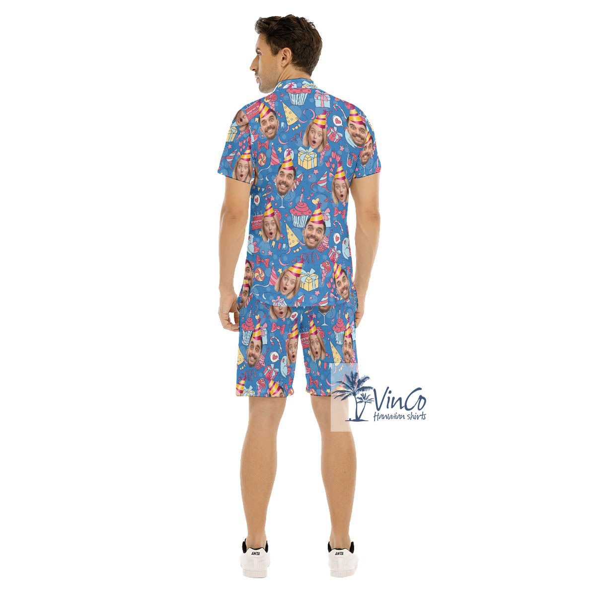 Personalized Multiple Faces Birthday Button Shirt And Shorts For Men