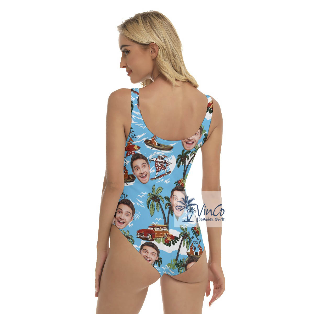 Tropical Reindeer Surfing Custom Face Hawaiian Swimsuit For Women