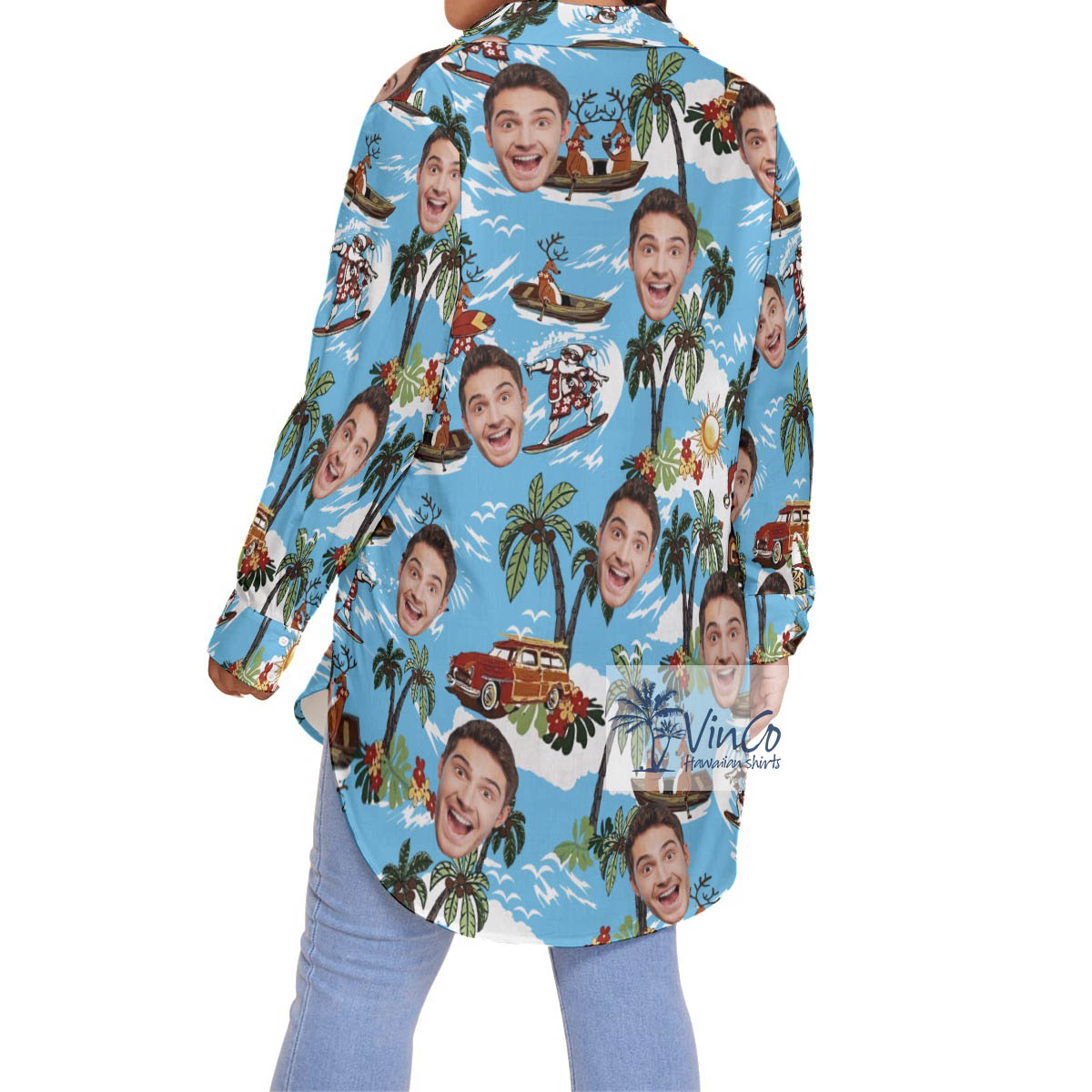 Custom Face Christmas Reindeer Surfing Tropical Hawaiian Plus Size Shirt For Women