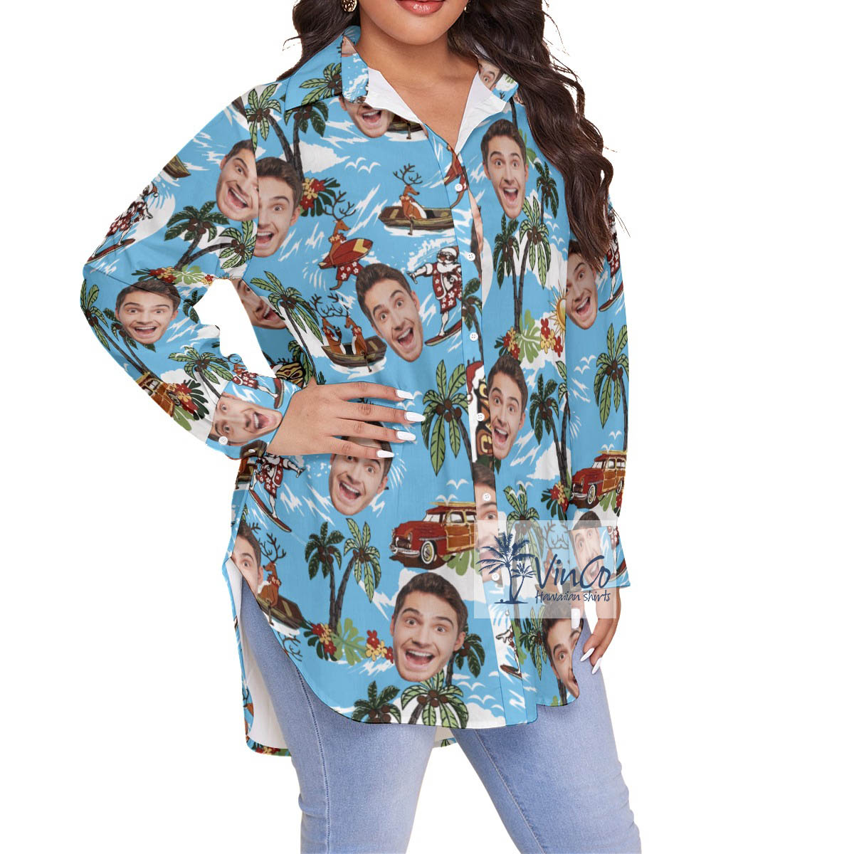 Custom Face Christmas Reindeer Surfing Tropical Hawaiian Plus Size Shirt For Women