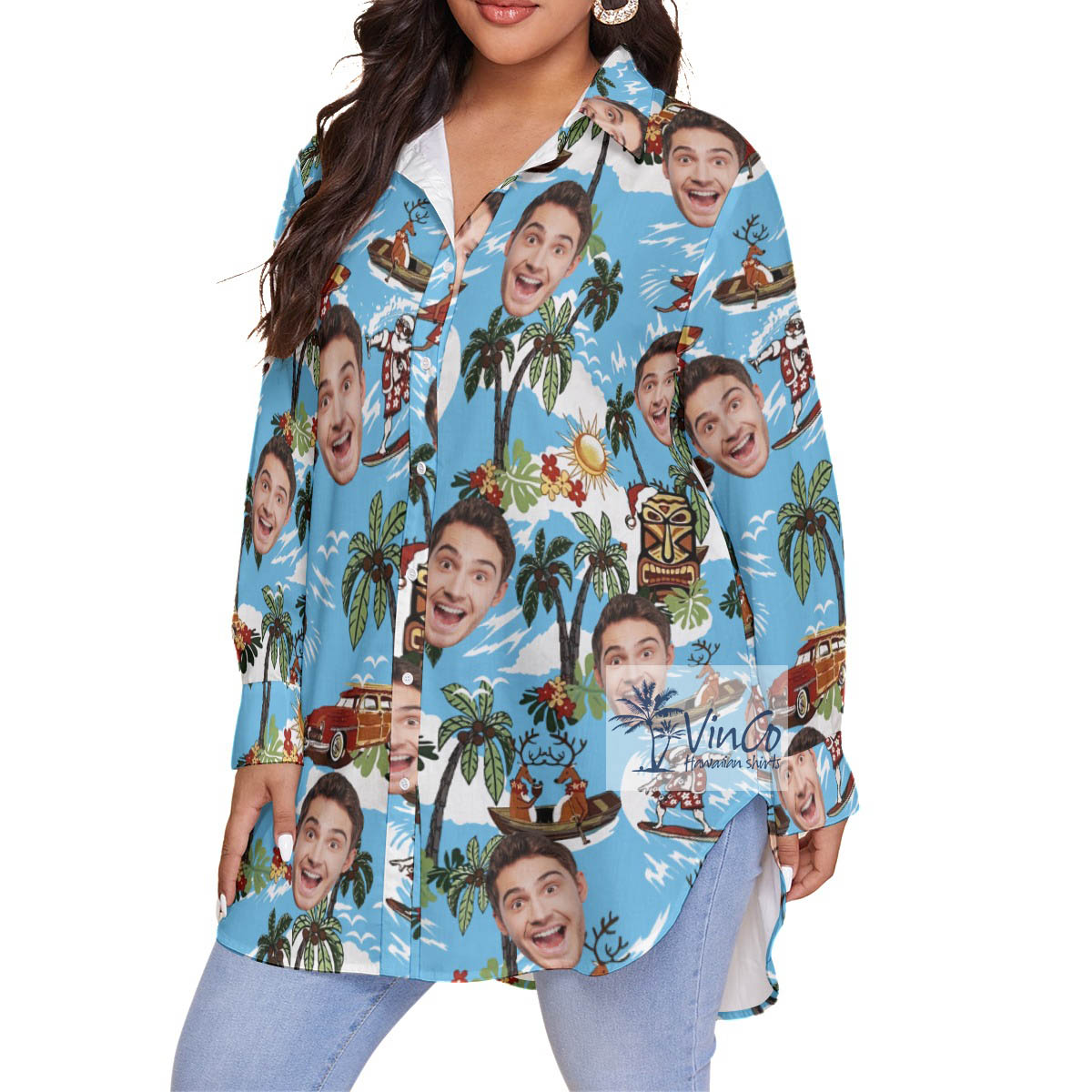 Custom Face Christmas Reindeer Surfing Tropical Hawaiian Plus Size Shirt For Women