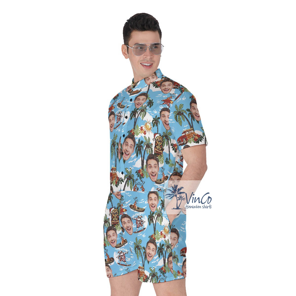 Custom Face Tropical Reindeer Christmas Hawaiian Romper For Men