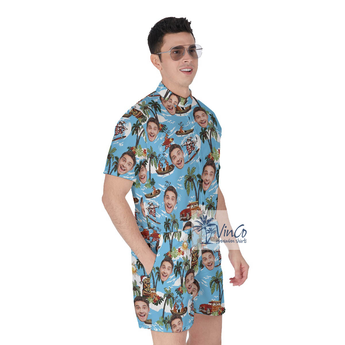 Custom Face Tropical Reindeer Christmas Hawaiian Romper For Men