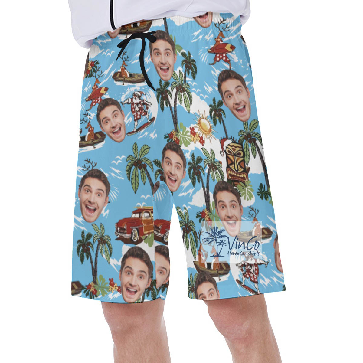 Christmas Reindeer Surfing Tropical Hawaiian Swim Trunks With Custom Face