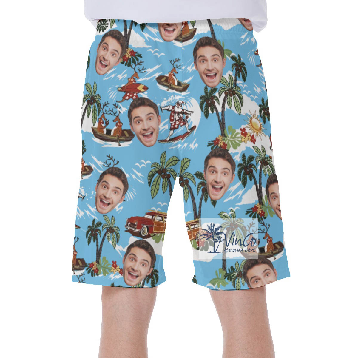 Christmas Reindeer Surfing Tropical Hawaiian Swim Trunks With Custom Face