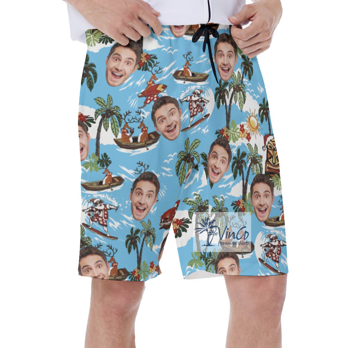Christmas Reindeer Surfing Tropical Hawaiian Swim Trunks With Custom Face