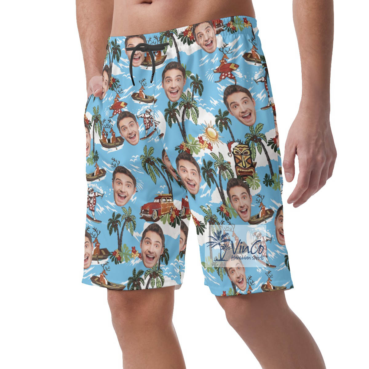 Christmas Reindeer Tropical Custom Face Hawaiian Beach Shorts For Men