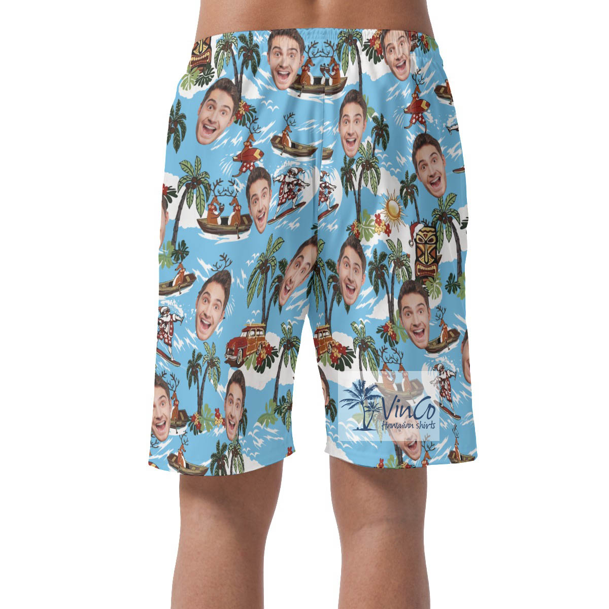 Christmas Reindeer Tropical Custom Face Hawaiian Beach Shorts For Men