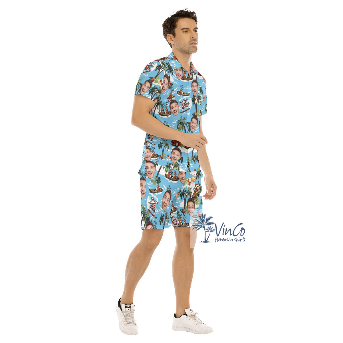 Christmas Reindeer Surfing Tropical Hawaiian Shirt And Shorts With Custom Face