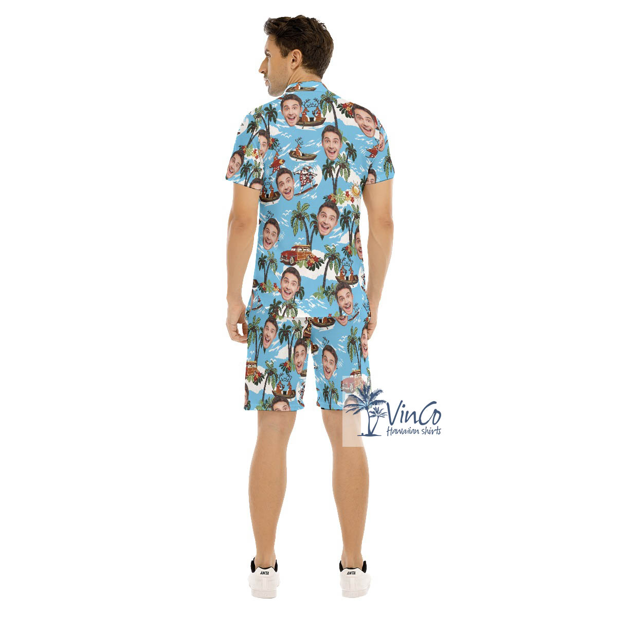 Christmas Reindeer Surfing Tropical Hawaiian Shirt And Shorts With Custom Face