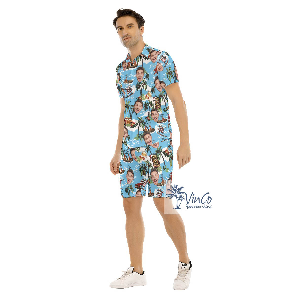 Christmas Reindeer Surfing Tropical Hawaiian Shirt And Shorts With Custom Face