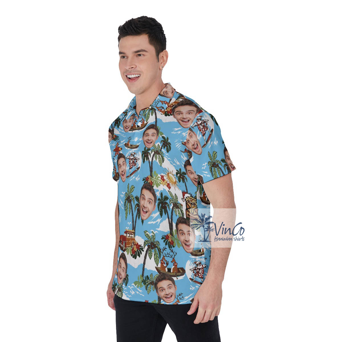 Custom Face Tropical Reindeer Surfing Hawaiian Polo Shirt For Men