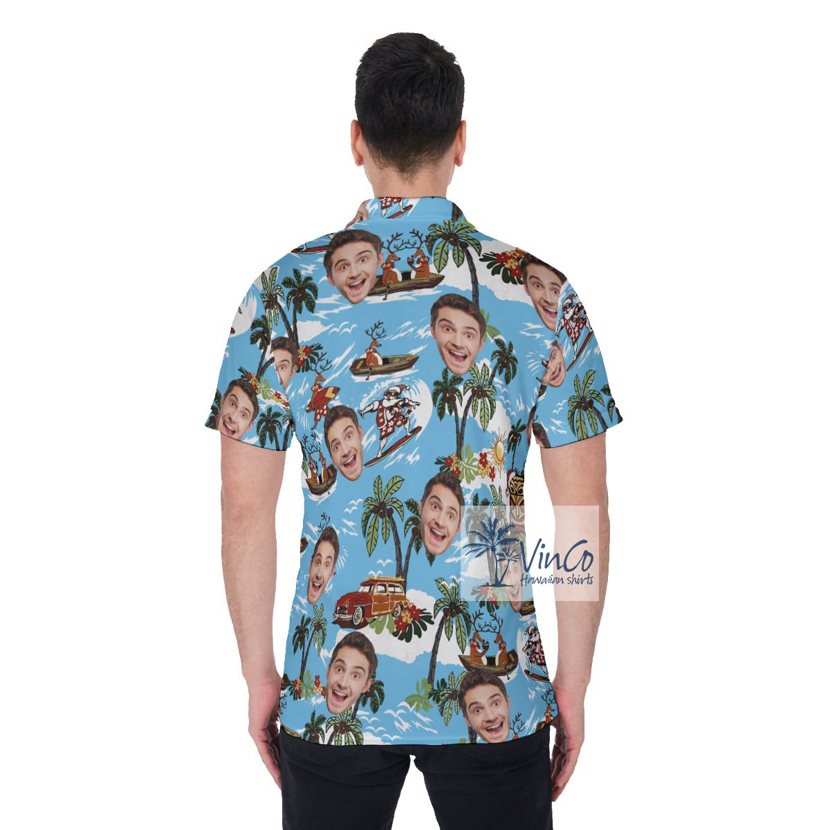 Custom Face Tropical Reindeer Surfing Hawaiian Polo Shirt For Men