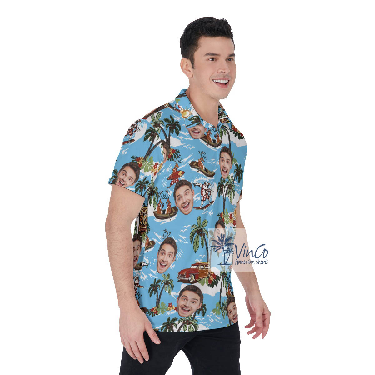 Custom Face Tropical Reindeer Surfing Hawaiian Polo Shirt For Men